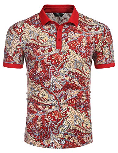 COOFANDY Herren Poloshirt Paisley Casual Kurzarm Floral Print Shirt - Rot - Mittel von COOFANDY