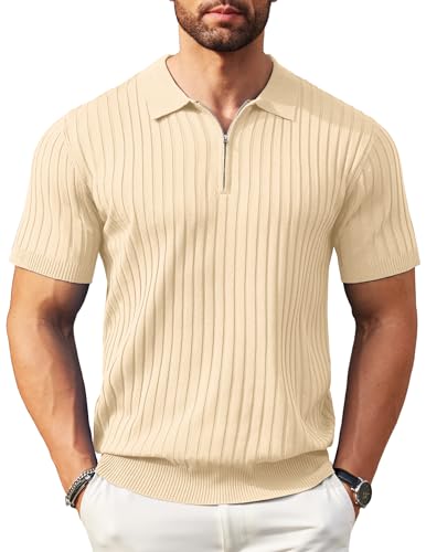 COOFANDY Herren-Poloshirt mit Reißverschluss, kurzärmelig, gerippt, modisch, lässig, Golf-Shirts., Hellkhaki, L von COOFANDY