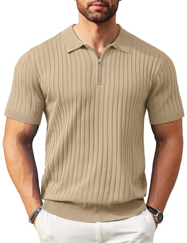 COOFANDY Herren-Poloshirt mit Reißverschluss, kurzärmelig, gerippt, modisch, lässig, Golf-Shirts, Khaki, 3X-Groß von COOFANDY