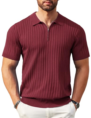 COOFANDY Herren-Poloshirt mit Reißverschluss, kurzärmelig, gerippt, modisch, lässig, Golf-Shirts, Weinrot, Klein von COOFANDY
