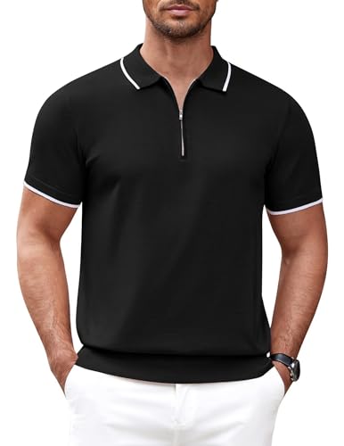 COOFANDY Herren-Poloshirt mit Reißverschluss, lässig, gestrickt, kurzärmelig, Klassische Passform, Schwarz, XL von COOFANDY