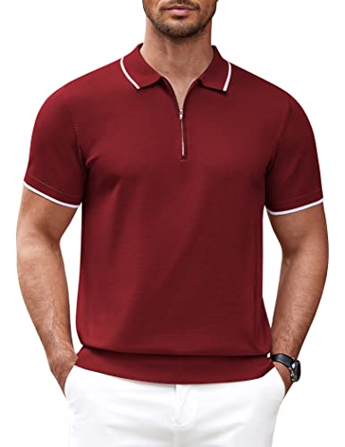 COOFANDY Herren-Poloshirt mit Reißverschluss, lässig, gestrickt, kurzärmelig, Klassische Passform, Weinrot, XL von COOFANDY