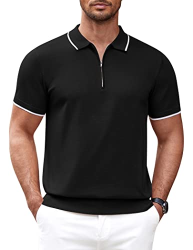 COOFANDY Herren-Poloshirt mit Reißverschluss, lässig, gestrickt, kurzärmelig, Polo-T-Shirt, klassische Passform, Schwarz, L von COOFANDY