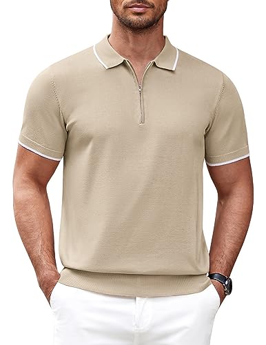 COOFANDY Herren-Poloshirt mit Reißverschluss, lässig, gestrickt, kurzärmelig, klassische Passform, Hellkhaki, Klein von COOFANDY