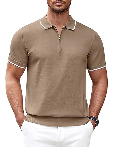 COOFANDY Herren-Poloshirt mit Reißverschluss, lässig, gestrickt, kurzärmelig, klassische Passform, Khaki, XX-Large von COOFANDY