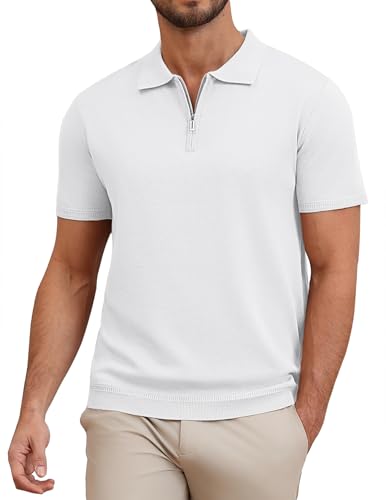 COOFANDY Herren Poloshirt mit Reißverschluss Kurzarm Zip Polo T-Shirts Sommer Strick Polohemd Golf Shirt Weiß M von COOFANDY