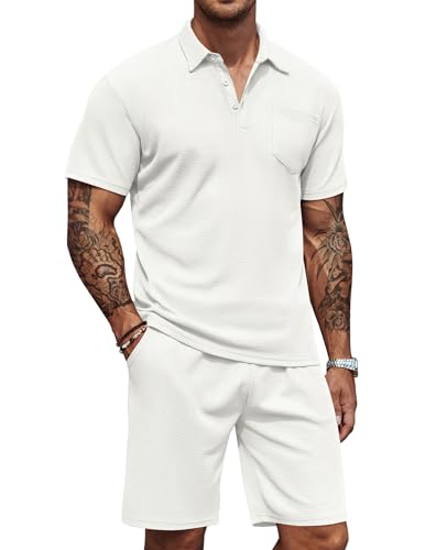 COOFANDY Herren-Poloshirt und Shorts, Waffelstrick, 2-teilig, Sommeranzug, lässiger Trainingsanzug mit Taschen, Weiss/opulenter Garten, Large COOFANDY Herren-Poloshirt und Shorts, Waffelstrick, 2-teilig, Sommeranzug, lässiger Trainingsanzug mit Taschen, Weiss/opulenter Garten, Large von COOFANDY