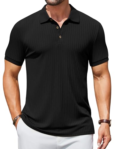 COOFANDY Strick Poloshirt Herren Kurzarm Polo Shirts mit Knöpfe Geripptes Sommer Polohemd T-Shirt Stretch Golf Shirt Schwarz M von COOFANDY