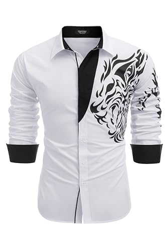 COOFANDY Herren Print Button Down Kleid Hemd Mode Langarm Casual Shirts, 02-weiß (Tiger), XL von COOFANDY