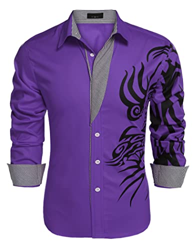 COOFANDY Herren Print Button Down Kleid Hemd Mode Langarm Casual Shirts, violett, X-Groß von COOFANDY