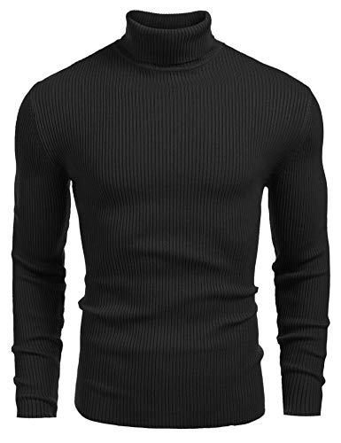 COOFANDY Herren-Pullover, gerippt, schmale Passform, Rollkragenpullover, Schwarz, L von COOFANDY