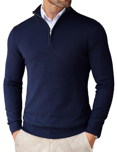 COOFANDY Herren Pullover 1/4 Zip Neck Rollkragen Strickpullover Warm Pulli Arbeitspullover Business Pullover Sweater Navy Blau 3XL von COOFANDY