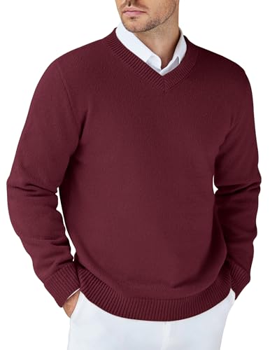 COOFANDY Herrenpullover V Ausschnitt Business Winterpullover Herren Sweater Regular Fit Freizeit Feinstrick Sweater Weinrot L von COOFANDY