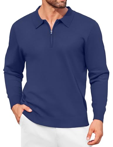 COOFANDY Herren Pullover Half Zip Pullover mit Hemdkragen Strick Freizeit Basic Polo Langarmshirt Blau M von COOFANDY