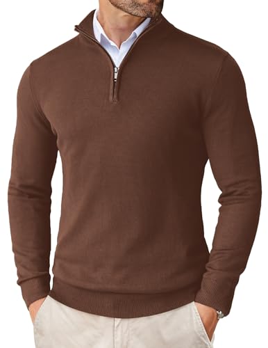 COOFANDY Herren Pullover Half Zip Stehkragen Pullover Troyer mit Reißverschluss Pulli Strickpullover Arbeitspullover Slim Fit Braun M von COOFANDY