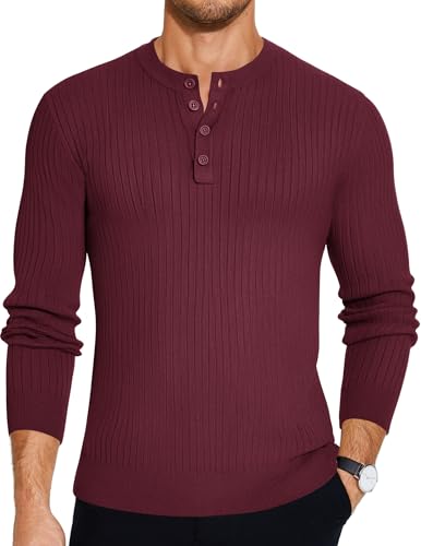 COOFANDY Herren Pullover mit Knopfleiste Henley Strickpullover Dünner Feinstrickpulli Casual Langarmshirt Weinrot L von COOFANDY
