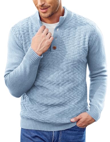 COOFANDY Herren Pullover Langarm Rollkragenpullover Herrenpullover Strickpullover Henley Winterpullover Pulli mit Stehkragen Dicker Pullover Hellblau XL von COOFANDY