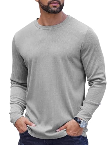 COOFANDY Herren Pullover Langarm Shirt Gestreift Pullover Freizeit Muskelshirts Rundhals Pullover Slim Fit Geripptes Stilvolles Männer T-Shirt Einfarbig Grau M von COOFANDY