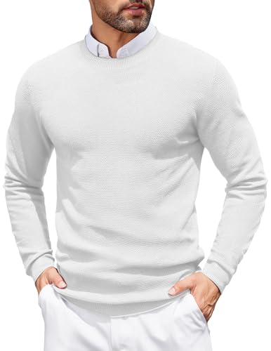 COOFANDY Herren Pullover Langarm Strickpullover Crew Neck Feinstrickpullover Winterpullover Sweatshirt Einfarbig Pulli Arbeitspullover Weiß XXL von COOFANDY