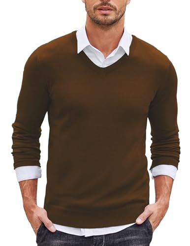 COOFANDY Herren Pullover V Ausschnitt Slim Fit Dünner Pullover Langarmshirt Strickpullover Basic Sweater Fall Tops Braun M von COOFANDY