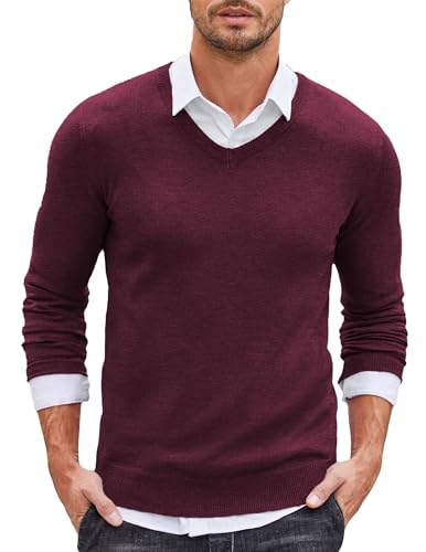 COOFANDY Herren Pullover V Ausschnitt Feinstrick Slim Fit Pulli Langarmshirt Strickpullover Basic Sweater Fall Tops Rotwein M von COOFANDY