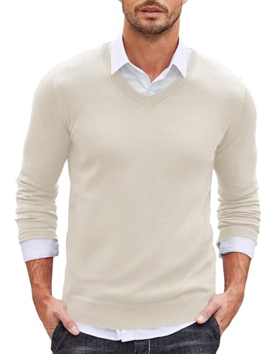 COOFANDY Herren Pullover V Ausschnitt mit Hemdkragen Business Pullover Langarmshirt Strickpullover Basic Sweater Weiß M von COOFANDY