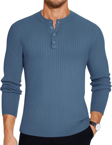 COOFANDY Herren Langarmshirt Henley Strickpullover mit Knopfleiste Rundhals Pullover Slim Fit Winter Pulli Dunkelblau L von COOFANDY