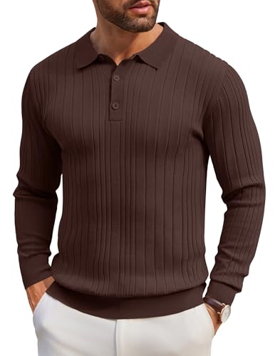 COOFANDY Herren Pullover Mit Polokragen Langarm Strick Polo Strickpullover Regular Fit Männer Winterpullover Basic Einfarbig Braun L von COOFANDY