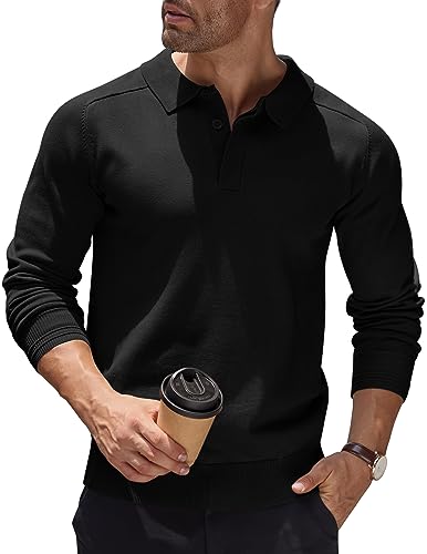 COOFANDY Herren Pullover Mit Polokragen Strick Polo Pullover Langarmshirt Strickpullover Regular Fit Männer Pulli Winterpullover Basic Einfarbig Poloshirt Schwarz 2XL von COOFANDY