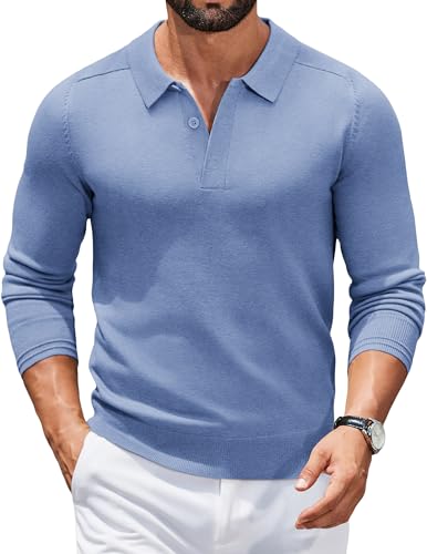 COOFANDY Pullover für Herren Strickpullover mit Polokragen Polo Pullover Strick Poloshirt Herren Langarm Winterpullover Herrenpullover Langarm Business Pulli Polohemd Polo Sweater Blau S von COOFANDY