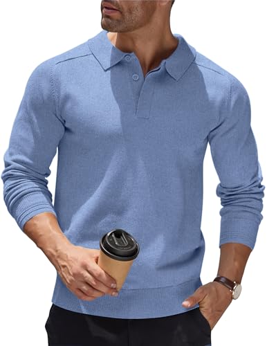 COOFANDY Herren Pullover Mit Polokragen Strick Polo Pullover Strickpullover Sweater Regular Fit Männer Pulli Winterpullover Basic Einfarbig Poloshirt Blau XXL von COOFANDY