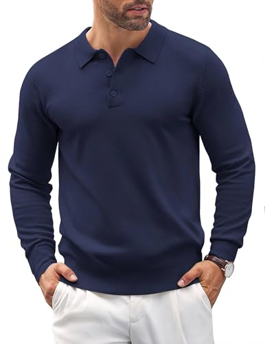 COOFANDY Herren Pullover Mit Polokragen Strickpullover Langarm Pulli Feinstrick Pullover Männer Winterpullover Warm Pullis Einfarbig Sweater Marineblau L von COOFANDY