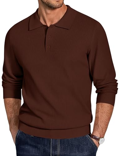 COOFANDY Pullover Herren Polo Strickpullover Langarm Poloshirt Männer Basic Pulli Casual Business Sweater Braun XXL von COOFANDY