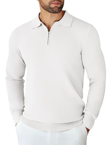 COOFANDY Herren Pullover Polo Kragen Half Zip Strickpullover Reißverschluss Männer Sweater Shirt Langarm Pulli Weiß S von COOFANDY