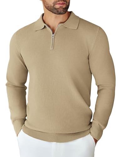 COOFANDY Herren Pullover Polo Kragen Männer Knitted Strickpullover Half Zip Sweater Reißverschluss Pulli Einfarbig Langarm Khaki XXL von COOFANDY