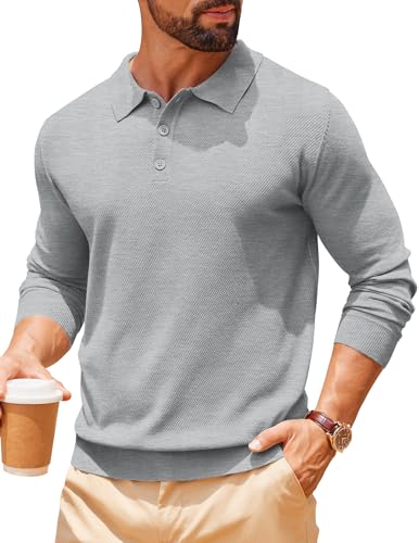 COOFANDY Strickpullover Herren Winterpullover Warm Pullover Mit Polo Kragen Slim Fit Herrenpullover Langarm Designer Poloshirts Hellgrau XXL von COOFANDY