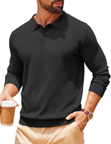 COOFANDY Polo Pullover Herren Strick Winterpullover Warm Business Pullover mit Kragen Basic Dünner Herrenpullover Langarm Schwarz XXL von COOFANDY