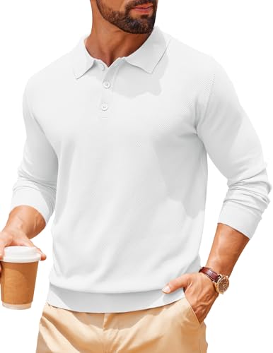 COOFANDY Pullover Herren Strick Langarm Poloshirt Slim Fit Business Casual Winterpullover Dünner Herrenpullover Langarm Weiß S von COOFANDY