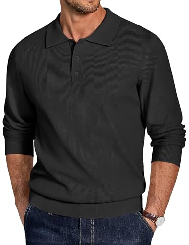 COOFANDY Pullover Herren Polo Strickpullover Langarm Poloshirt Männer Basic Pulli Casual Business Sweater Schwarz XL von COOFANDY