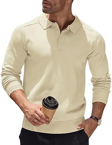 COOFANDY Herren Pullover Poloshirt Langarm Strickpullover Regular Fit Feine Strickwaren Freizeitpullover Basic Polohemd Warmer Bequem Pullover Poloshirt Creme Farben L von COOFANDY