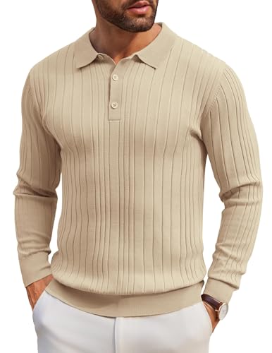 COOFANDY Herren Pullover Poloshirt Langarmshirt Strickpullover Feinstrick Sweater Freizeit Slim Fit Business Casual Männer Pullover Basic-Shirt Helles Khaki L von COOFANDY