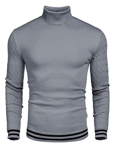 COOFANDY Herren Pullover Rollkragen Grau Feinstrick Streifen Strickpullover Einfarbig Sweater Rollkragenpullover Für Herren Grau L von COOFANDY