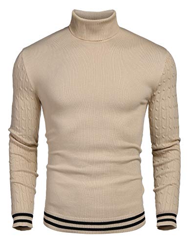 COOFANDY Herren Pullover Rollkragenpullover Feinstrick Streifen Langarmshirt Basic Rollkragen Herrenpullover Khaki XL von COOFANDY