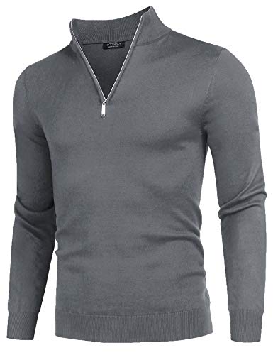 COOFANDY Herren Rollkragenpullover ViertelreißVerschluss Stehkragen Troyer Pullover Rollkragen Stricktroyer Einfarbig Strickpullover Langarm Casual Strick Sweater Grau XL von COOFANDY