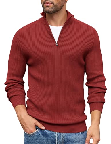 COOFANDY Herren Pullover Rollkragenpullover Strickpullover Troyer Pullover Stehkragen 1/4 Zip Kragen Pullover Arbeitspullover Warm Freizeit Sweater Tiefrot S von COOFANDY