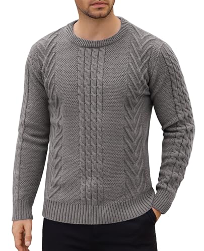 COOFANDY Herren Pullover Rundhals Basic Strickpullover mit Rundhalsausschnitt Warm Pulli Zopfmuster Winterpullover Dunkelgrau 3XL von COOFANDY