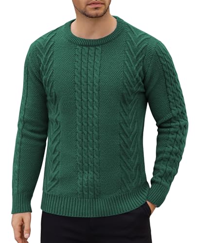 COOFANDY Herren Pullover Rundhals Basic Strickpullover mit Rundhalsausschnitt Warm Pulli Zopfmuster Winterpullover Dunkelgrün M von COOFANDY