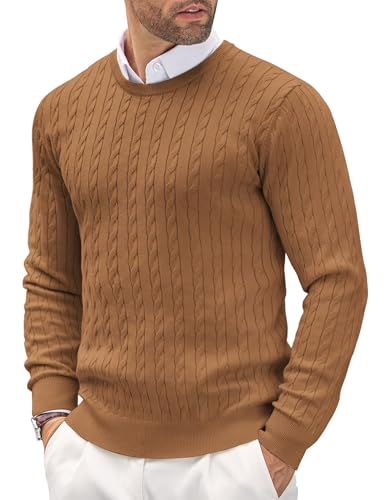 COOFANDY Herren Pullover Rundhals Feinstrick Slim Fit Strickpullover Leichte Zopfmuster Elegangt Pulli Braun XXL von COOFANDY
