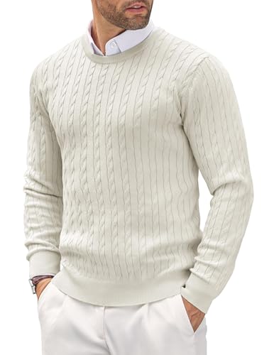 COOFANDY Herren Pullover Rundhals Feinstrick Slim Fit Strickpullover Leichte Zopfmuster Elegangt Pulli Weiß XXL von COOFANDY