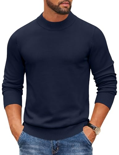 COOFANDY Herren Pullover Rundhals Langarm Rollkragenshirt Gestrickt Rollkragenpullover Mock Turtleneck Sweater Leicht Strickpullover Dunkelblau XL von COOFANDY